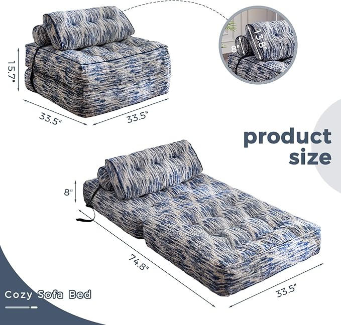 MAXYOYO Folding Sofa Bed Convertible Sleeper Chair with Pilow Soft Fold Out Chair Bed Versatile Floor Sofa Lounge for Living Room Bedroom Blue