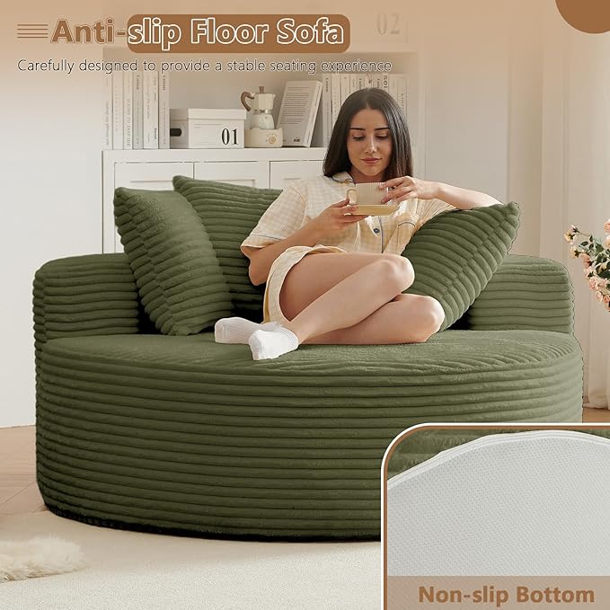 Oversized Round Chair Lounge Chaise Indoor Upholstered Corduroy Deep Seat Cloud Large Circle Sofa Chair No Assembly Required Fluffy Modern Sleeper Sofa Bed for Reading Living Room Light Green