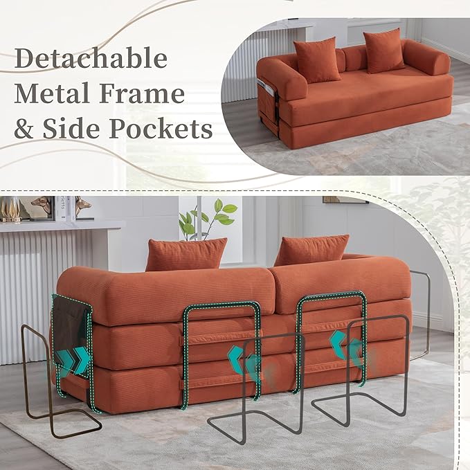4‑in‑1 Convertible Sleeper Sofa Bed DIY Combination Floor Sofa Lounge Couch with Cylindrical Pillow Corduroy Futon Folding Mattress Couch for Apartment Bedroom Playroom Orange