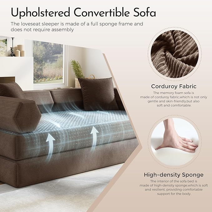 79'' Convertible Sofa Bed 5-in-1 Folding Sleeper Couch with Pull Out Bed Corduroy Modular Floor Sofa No Assembly Space Saving Guest Bed for Living Room Apartment Bedroom (Brown1) | Convertible Sofa