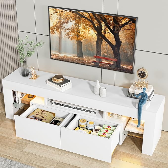 JUMMICO TV Stand with LED Lights Modern Entertainment Center Media and Open Shelf Console Table Storage Desk with 1 Drawer and Remote Control 20 Color LED Lights up to 70 Inch TV (White)