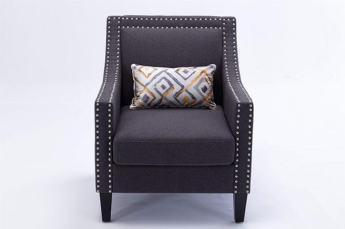 Accent Armchair Living Room Chair with Nailheads and Solid Wood Legs Charcoal Linen