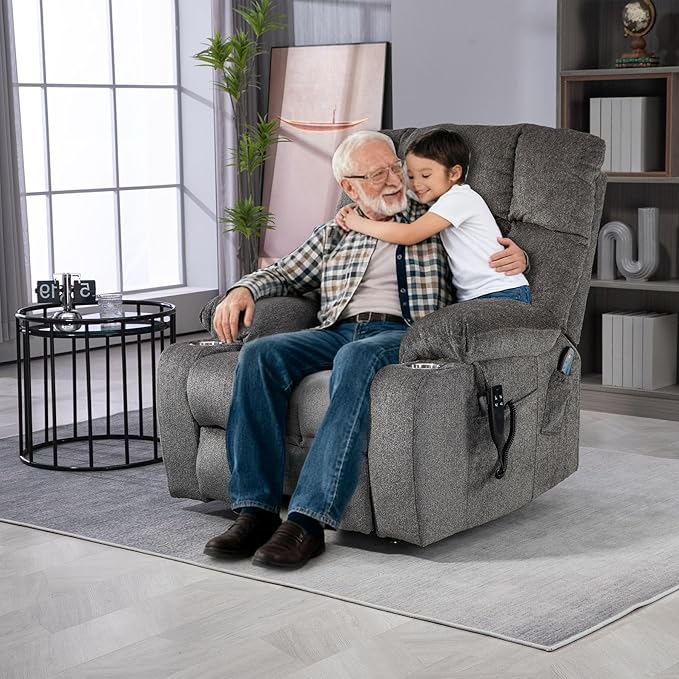 Oversized Power Recliner Chair for Big and Tall 400 LBS 25.5 Extra Wide Electric Lift Chair with Heat and Massage Dual Motor 180° Lay Flat Recliner Living Room Sofa Chenille Big Lift Chair