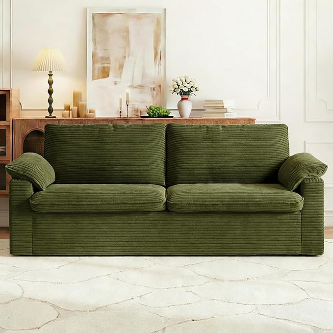 86 Loveseat Sofa Green Corduroy CouchModern Cloud Sofa Love Seat Deep Seat Slipcovered Sofa with 2 Wide Armrest Pillows for Small Spaces Apartment Studio Office Bedroom Living Room