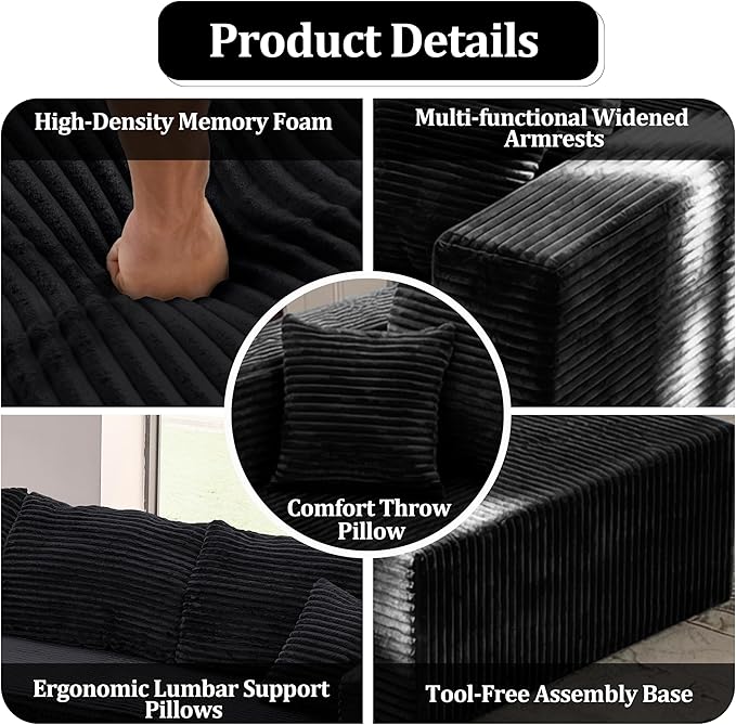 92.5'' U-Shaped Cloud Modular Sectional Sofa Modern High Back Corduroy Couch with Right Facing Chaise Lounge &amp Ottoman Upholstered Boneless Deep Seat Plush Sofa No Assembly Needed for Home Bl