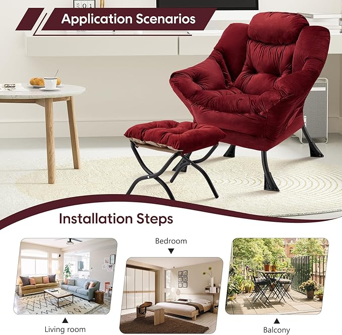 Lazy Chair with Folding Ottoman Modern Large Accent ChairContemporary Lounge Leisure Sofa Chair with Armrests Upholstered Sofa Armchair Reading Chair for BedroomDorm&ampOffice (Dusty Rose-f)