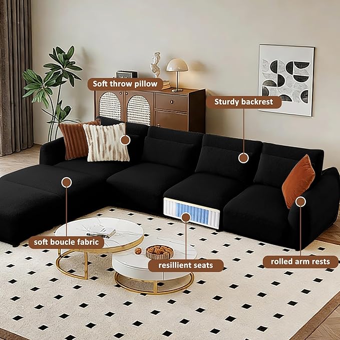 U Shaped Cloud Sectional Convertible L Shaped Couch with Removable OttomansModular Cloud Couch Sectional for Living Room (4 Set + 2 Ottomans - Black)
