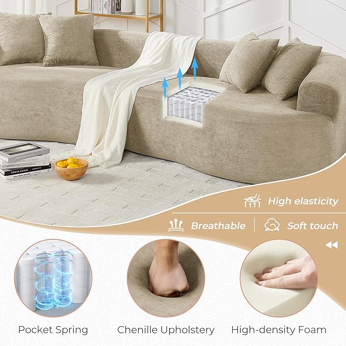 112'' Oversized Curved Modular Sectional Sofa Upholstered Chenille Boneless Couch Comfy Cloud Compression Sofa with Extra Deep &amp Wide Seat for Living Room Apartment Office Camel