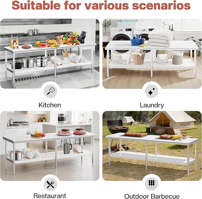 Jocisland 30 x 108 Stainless Steel Table for Prep &amp Work NSF Certified Adjustable Under Shelf and Feet for Commercial Kitchen Restaurant Hotel Garage