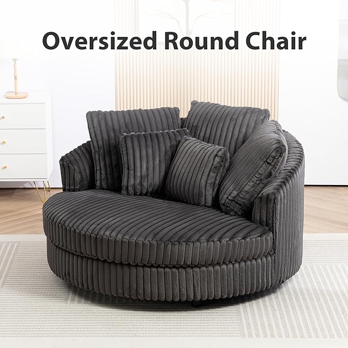 Chifee &amp Vingol 59.8 W Oversized Accent Round Chair Large Barrel Chair with Wheels &amp 5 Pillows Faux Fur Fabric - Charcoal