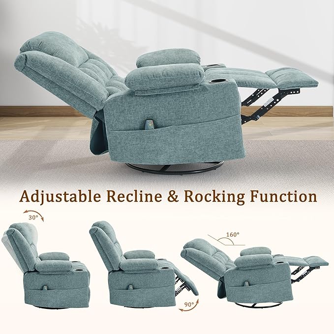 Adult 360° Swivel Rocking Recliner Nursery Rocking Chair with Massage and Heating Function Cup Holder Manually Adjustable Seat for Living Room and Bedroom (Fabric Lake Blue)
