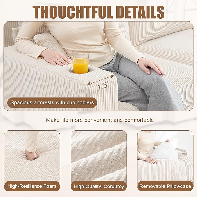 Modular Sectional Sofa Corduroy 6-Seater Corner Couch with Ottoman Chaise Convertible L-Shaped U-Shaped Sofa Sectional Couches for Living Room Apartment Beige