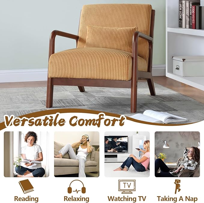 Modern Accent Chairs with Waist Cushion Comfy Upholstered Chair Living Room Corduroy Reading Chair with Solid Wood Frame Side Chairs for Living Room Bedroom Sunny Room Balcony (Yellow)