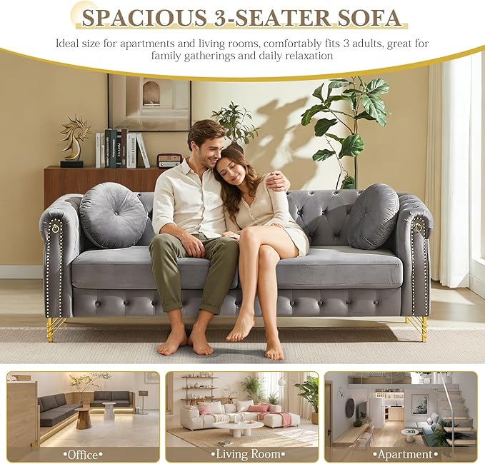 82 Comfy Chesterfield Sofa with Rolled Arms &amp Pillows 3 Seater Retro Velvet Couch Mid Century Modern Love Seat with Gold Trim and Legs Soft Deep Seat Tufted Couches for Living Room (Grey)