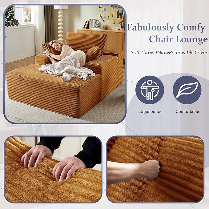 49.2 Oversized Chaise Lounge Chair Indoor Modern Upholstered Deep Seat Sofa Bed Sleeper Couch Reading Chairs Comfy Corduroy Cloud Sofas Couches for Living Room No Assembly Orange