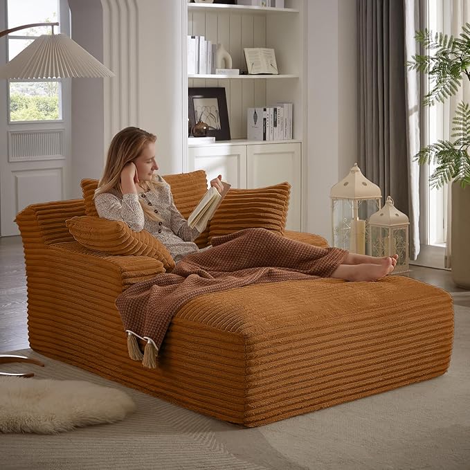67 Inch Chaise Lounge Chair Indoor Oversized Corduroy Upholstered Boneless Sofa Bed Deep Seat Sleeper Couch Reading Chairs Cloud Sofas Couches for Living Room No Assembly Required (Orange)