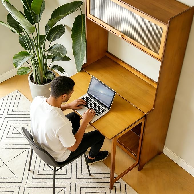 Folding Desk with Hutch and Storage Bamboo Space Saving Writing Table Multi-Functional Workstation for Bedroom Living Room Study Office (Wood)