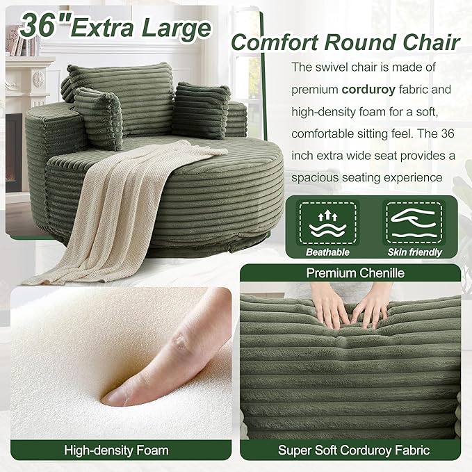 55 Oversized 360 Degree Swivel Chair Modern Round Chair Lounge Upholstered Corduroy Swivel Accent Chair with Deep Seat Comfy Fluffy Sleeper Sofa for Living Room Bedroom Apartment (Green)