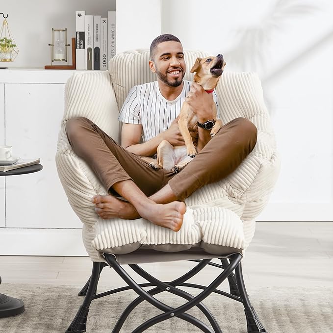 HOMEFUN Lazy Chair with Ottoman Bedroom Chairs for Adults Modern Lounge Accent Chair with Armrests Ergonomic Footrest for Small Spaces Comfy Reading Chair for Living Room Bedroom Office White