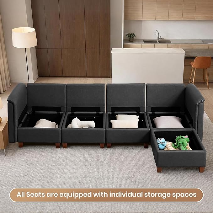U Shaped Modular Sectional Sofa Cloud Couch with Storage Faux Leather Sectional Couch for Living Room Furniture Apartment(5 Seats Black)
