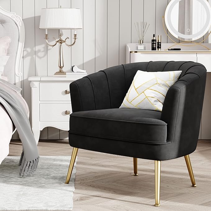 Andeworld Velvet Accent Chair Upholstered Modern Single Sofa Side ChairComfy Barrel Club Living Room Armchair with Golden Metal Legs for Bedroom Living Reading Room Office Black