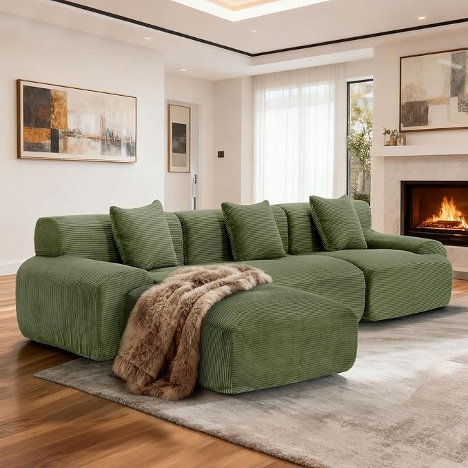 120 Modular Cloud Couch Sectional Boneless Couch with Ottoman Modern Modular L-Shaped Sofa Bed with Deep Seat Upholstered 3-Seater Sectional Couches for Living Room Apartments (Green)