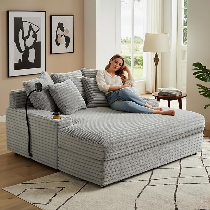 65.35 Oversized Chaise Lounge Chair for 2 Upholstered Sleeper Sofa Bed with Cup Holders | Charging Station | Removable Backrest | Backrest Pilow Fluffy Chair Sofa Couch for Living Room