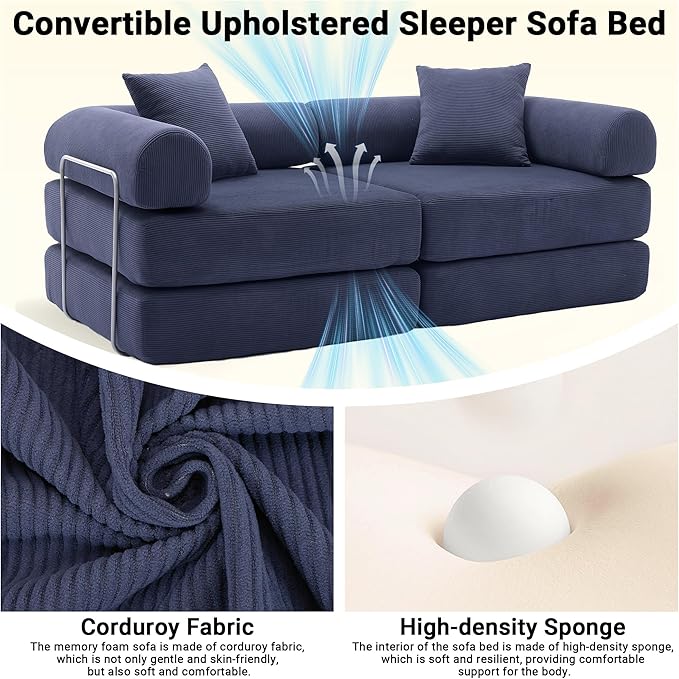 73 Convertible Sleeper Sofa Bed Corduroy Boneless Couch in a Box 4-in-1 Folding Mattress Loveseat Couch Comfy Modular Foldable Floor Sleeper Sofa with 2 Pillows and Fixed-Shape Frame (Blue 73)