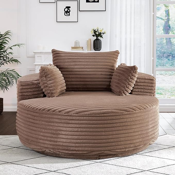 360-Degree Oversized Swivel Chair Modern Round Circle Corduroy Comfy Deep Seat Swivel Accent Chaise Lounge Sofa Chair with Back Cushion &amp 2 Throw Pillows for Living Room Bedroom Office Brown