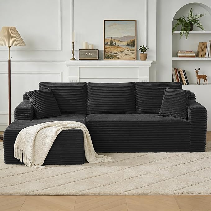 KIVENJAJA 103 Black Boneless Couches for Living Room L-Shaped Cloud Sectional Sofa with Chaise Corduroy Foam Compression Modular Set for Apartment Home Office No Assembly Required