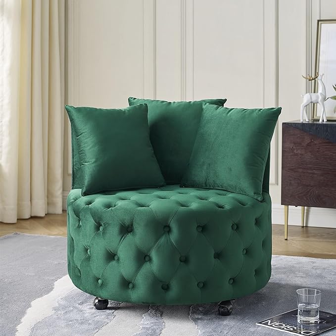 GNIXUU Swivel Barrel Accent Chair 30” Modern Velvet Round Swivel Chair with 3 Pillows and Wheels Comfy Tufted Single Club Sofa Lounge Chair for Living Room Bedroom(Green).