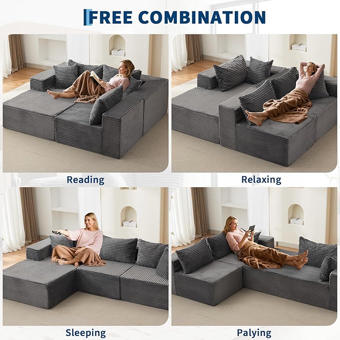 GarveeLife 108” Modular Sectional Sofa Cloud Sectional Couch with L-Shape Chaise Modern Modular Deep Seat Sofa Couch Upholstered Boneless Couches for Living Room Bedroom Left Facing Chaise Grey