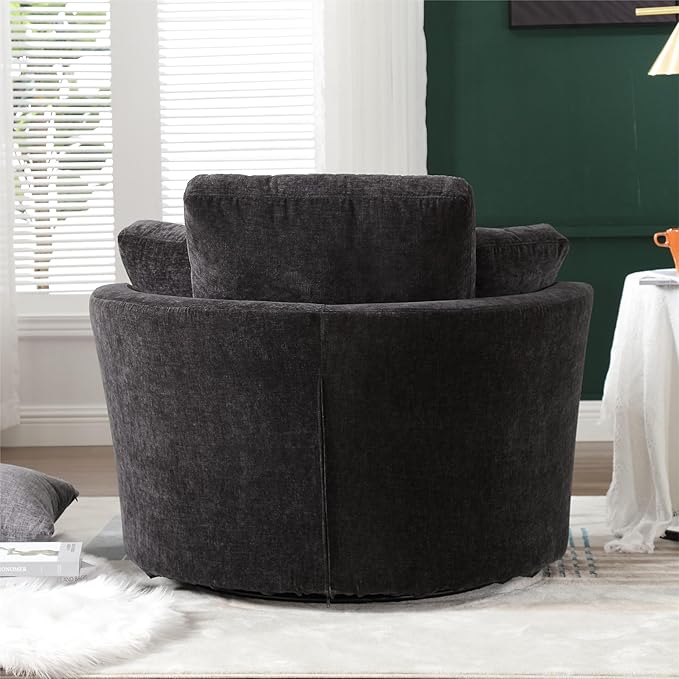 Oversized Swivel Barrel Chair Round Single Sofa with 3 Pillows Circle Accent Lounger Armchair Chairs for Bedroom Living Room Lounge Hotel (Black Chenille)