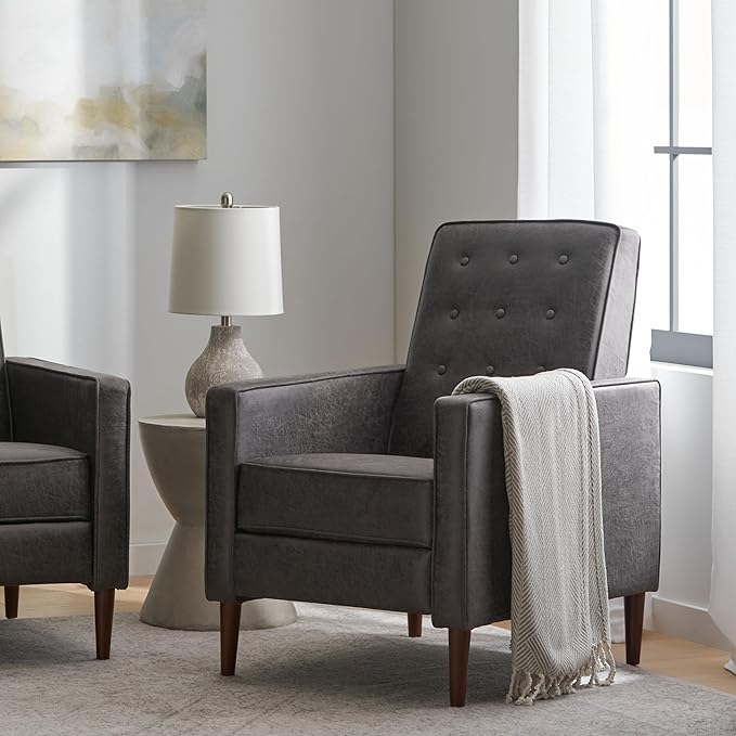 Mid-Century PU Rocker Recliner Chair with Tufted Design Adjustable Single Recliner Sofa with Thicker Seat Cushion with Pocket for Living Room Bedroom Apartment (Slate Style1)