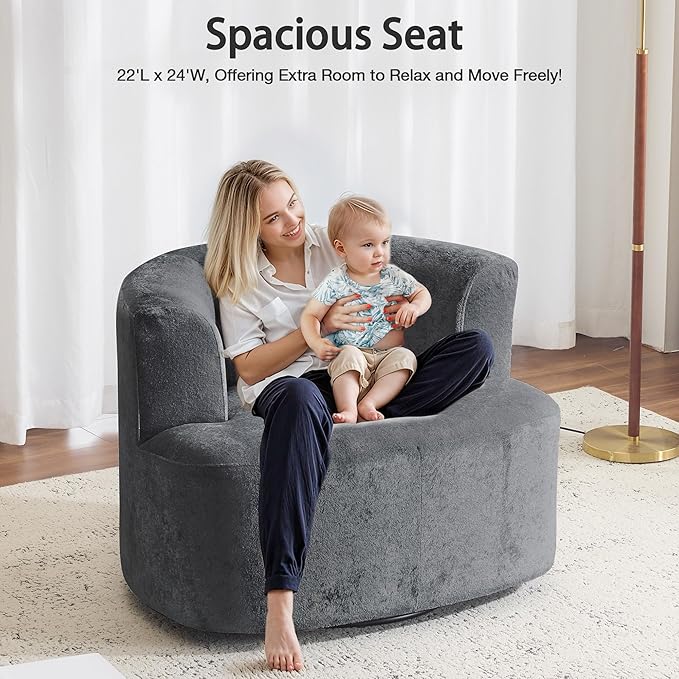 MELLCOM Oversized Swivel Accent Chair Modern Curved Back Single Sofa Chair Comfy All-Foam Compression Upholstered Round Armchair with PillowCozy Chenille Barrel Chair for Living RoomBedroom(Grey)