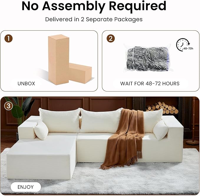 106 Cloud Sectional Boneless Couches for Living Room Modular L Shaped Couch with Deep Seat Oversized Left Facing Chaise Memory Foam Compressed Spineless 3 Seater Sofa for Bedroom Apartment Beige