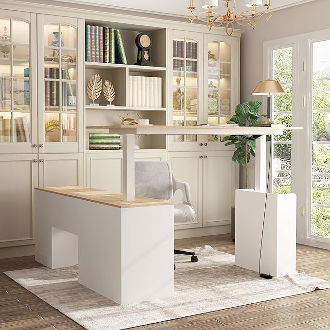 Homsee Home Office L Shaped Electric Standing Desk with Drawers and Shelves Height Adjustable Stand up Desk 63 Computer Executive Corner Table Oak &amp White