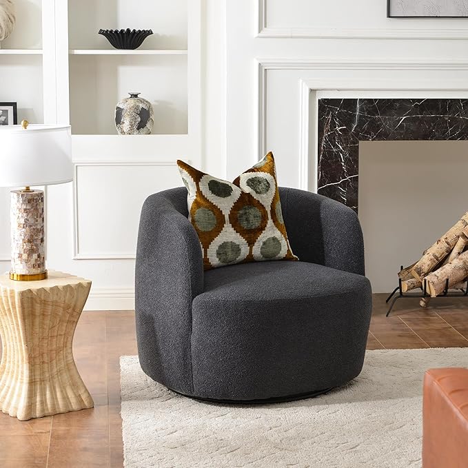 KINWELL 34 Wide Boucle Swivel Barrel Chair No Assembly Round Upholstered Armchair Accent Chair Single Sofa Chair with Toss Pillow for Living Room and Bedroom Dark Grey