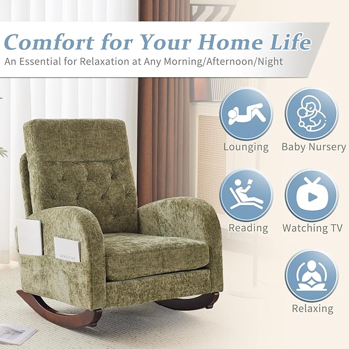 VINGLI Chenille Low Seat Rocking ChairUpholstered Nursery Glider Chair with Side PocketsAccent Arm Chair with High BackrestComfy Head RestSolid Woodfor Living Room Bedroom BalconyOlive Green