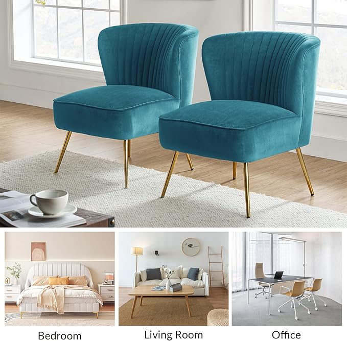 HULALA Home Velvet Accent Chair Set of 2 Modern Armless Upholstered Side Chair with Glam Gold Metal Legs for Vanity Living Room Bedroom - Blue