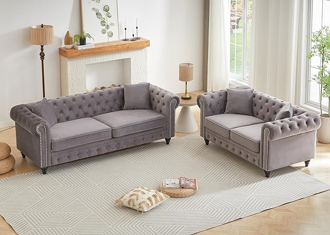 2 Piece Living Room Sofa Set Velvet Button Tufted Couch and Loveseat Set with Nailhead Trim&ampRoll Armrests Mid Century Modern Chesterfield Sofa for Living Room Office(Loveseat+3 Seater Light Gr