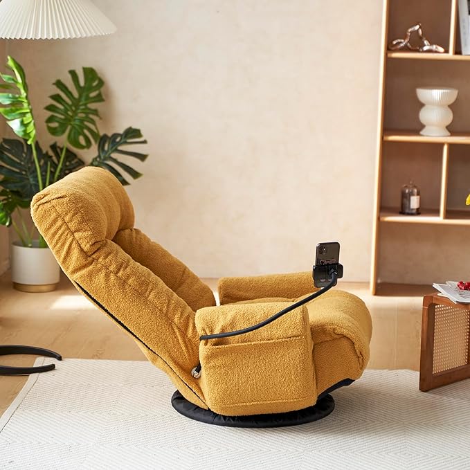 Gwen Upholstered 360° Swivel Chair Lounge Chair with Adjustable Backrest/Headrest Metal Frame Living Room Lounge Sofa and Phone Holder Comfy Bean Bag Chair Yellow