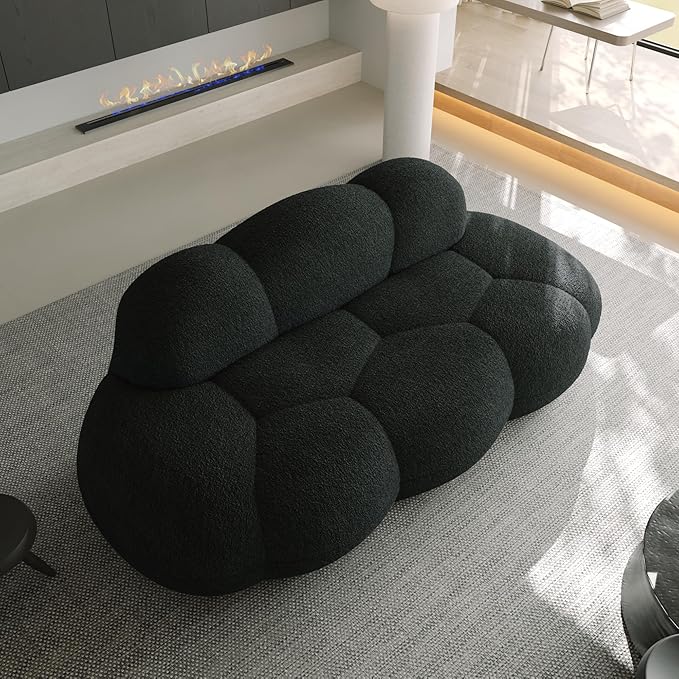 Modern Curved Sofa 3 Seater Soft Sherpa Upholstered Sofa Minimalist Style Comfy Cloud Couch for Living Room Apartment Black
