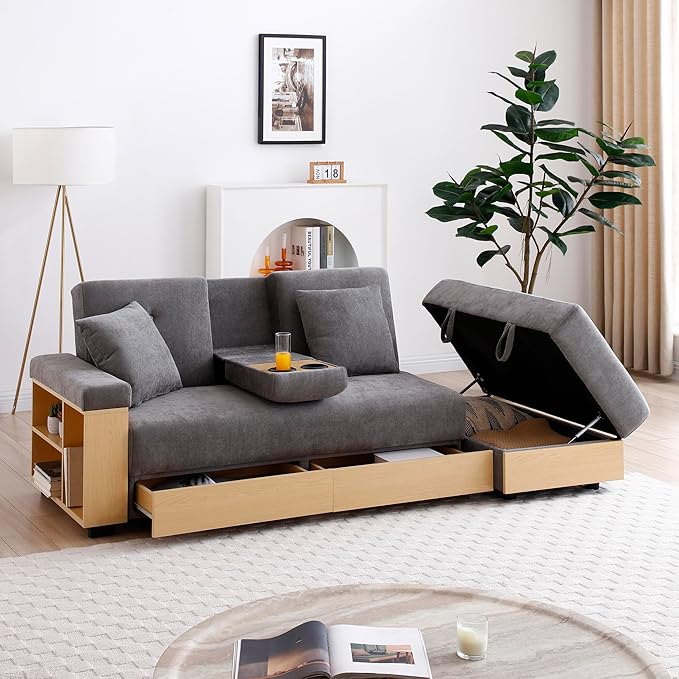 Convertible Sleeper Couch Multi-Functional Sofa Sleeper with Storage Ottoman and 2 Drawers Sectional Couch for Living Room Drop Down Table with 2 Cup Holders Storage Armrest Design (Grey)