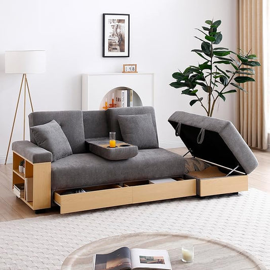 Convertible Sleeper Couch Multi-Functional Sofa Sleeper with Storage Ottoman and 2 Drawers Sectional Couch for Living Room Drop Down Table with 2 Cup Holders Storage Armrest Design (Grey)