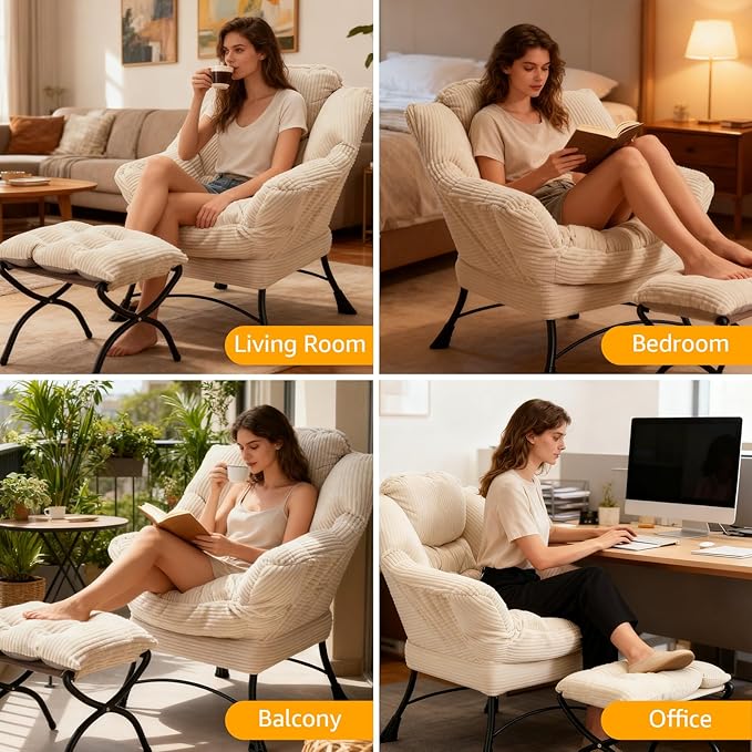 Oversized Lazy Chair with Ottoman for Adults Chair and Ottoman Set Modern Skinny Lounge Chair with Footrest Wide Reading Chair for Living Room Comfy Accent Armchair for Small Spaces White
