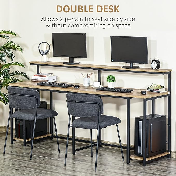 78.75 Inches Double Computer Desk for Two Person Extra Long Home Office Desk with Monitor Shelf and CPU Stand Brown