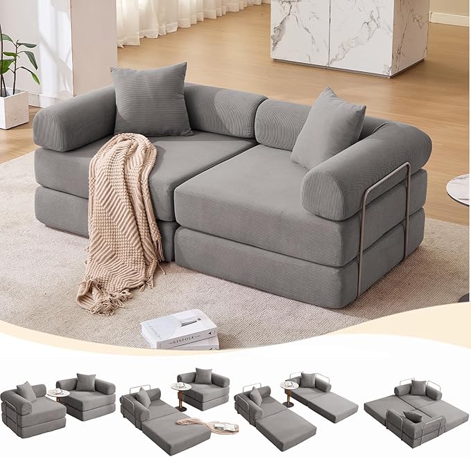 73 Convertible Modular Folding Sofa Bed 5-in-1 DIY Combination Fold Out Sleeper Sofa Bed Loveseat sleeper Couch with Removable Armrests Corduroy Floor Couch Small couches for small spaces Gray