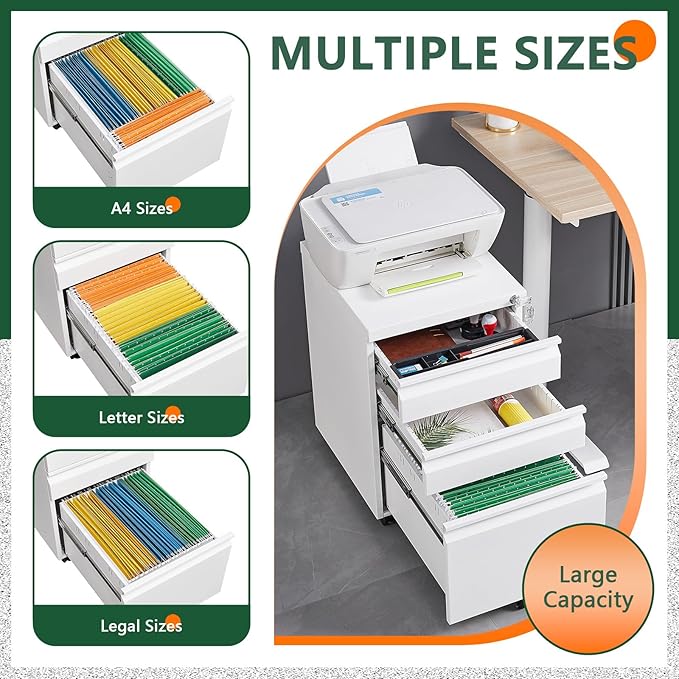 File Cabinet 3 Drawers on Wheels Under Desk White Metal Rolling File Cabinets with Lock for Home Office Un-Assembled Filing Cabinet with Lock (3-Drawer White)