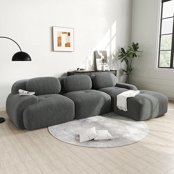 117.3 L-Shaped Cloud Couch Modular Sectional Sofa - Boneless Deep Seat 3-Seater with Movable Ottoman No Assembly Corduroy Upholstery Couches for Living Room (Grey)
